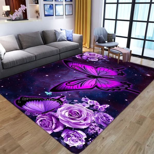 Tapis Magnifique tapis imprimé fleur violette papillon moderne pour salon chambre tapis de chevet tapis de sol couloir antidérapant 230928