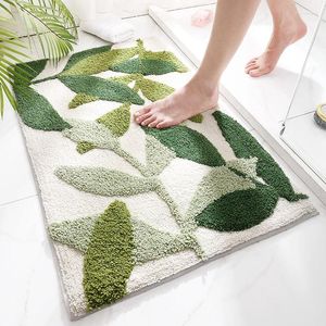 Tapijten groene bladeren getuft badmat niet-slip absorberende microfiber badkamer tapijt huisingang deurmat super zachte pluche tapijt tapijt