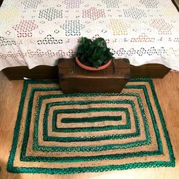 Carpets Tapis à rayures verts jute naturelle et coton Mat à main