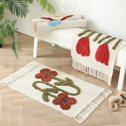 Tapis tissé à la main coton lin tapis maroc touffeté Floral salon décor tapis avec glands chambre chevet tapis de sol goutte