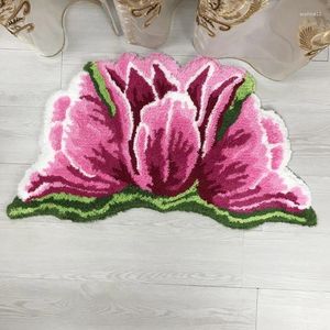 Alfombras hechas a mano 3D Tulipanes Alfombra de flores gruesas Dormitorio Sala de estar Alfombras Cama Salón suave Alfombra rosa Alfombra antideslizante Silla para pasillo Alfombra para puerta para niños