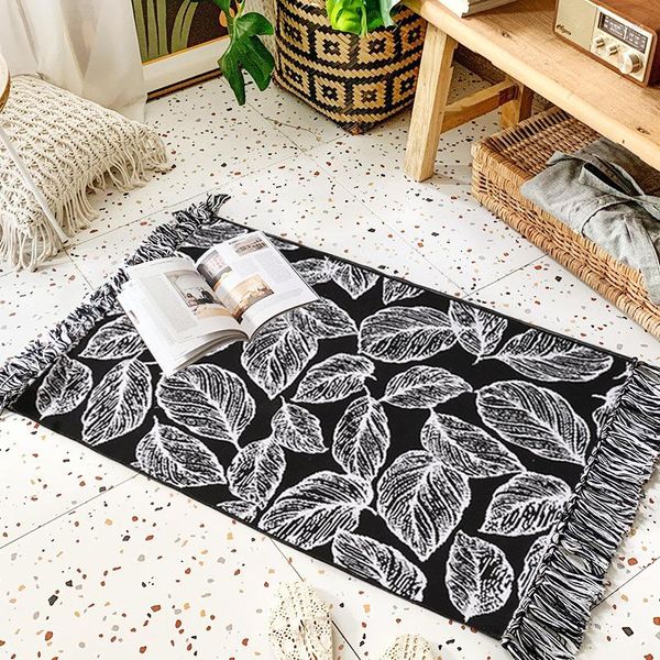 Alfombras hogar Boho decoración patrón geométrico borla negro blanco hecho a mano algodón Lino macramé tejido alfombra felpudo piso alfombra de baño alfombra 60x90