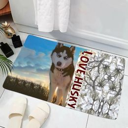 Carpets hx love husky flover mat mode drôles de chiens d'animaux 3D 3D Flanelle intérieure Porte sans glissement de bain