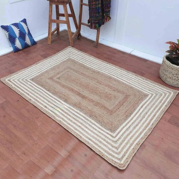 Tapis Tapis de jute Tapis naturel tissé à la main Tapis antidérapant Salon Tapis de sol moderne Minimalisme Stripe Couleur Chambre Décor