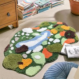 Tapijten Karpet Turfting gaya lumut hijau mewah karpet tidak beraturan lanskap teras Nordik Area samping tempat tidur seni abstract 230905