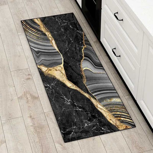 Alfombras Alfombra de cocina Lujo Negro Oro Mármol Patrón de tinta Puerta de entrada Estera Dormitorio Sala de estar Pasillo Antideslizante Alfombra de tira larga