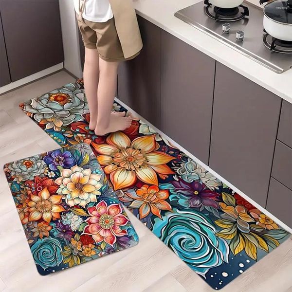 Carpets de grande taille de cuisine de cuisine anti-tas à tapis absorbant Mat à sol motif floral lavable