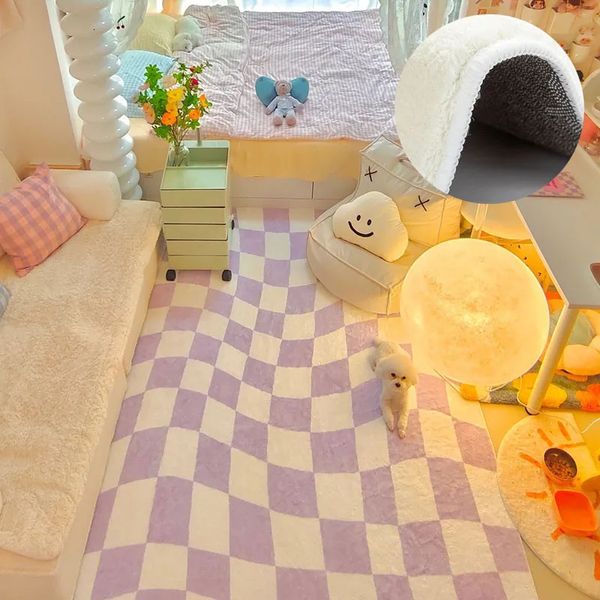 Tapis Tapis en damier violet clair pour chambre à coucher tapis de chevet en laine polaire Style Ins tapis de vestiaire tapis de grande surface pour salon 231216