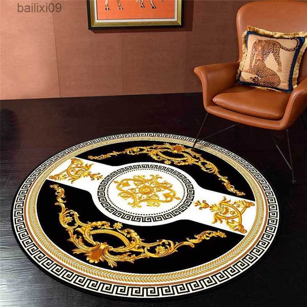 Tapis De Luxe Tapis Salon Noir Blanc Or Géométrique Style Ethnique Tapis Rond Tapis Pour Chambre Décor Maison Chaise Tapis T230519