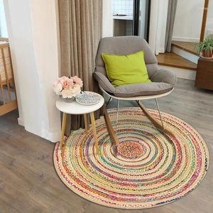 Tapis de luxe ethnique à corde naturelle colorée en tricot rond