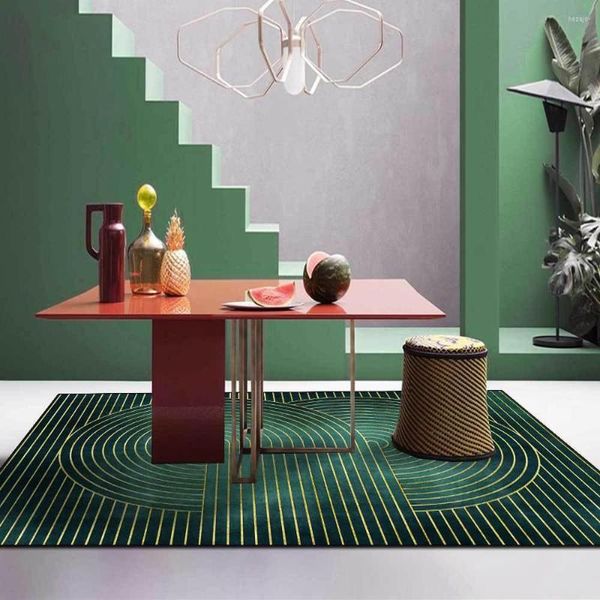 Tapis De Luxe Style Moderne Salon Tapis Ligne Circulaire Dorée Vert Foncé Décor À La Maison Tapis De Sol Antidérapant Chambre Tapis De Chevet