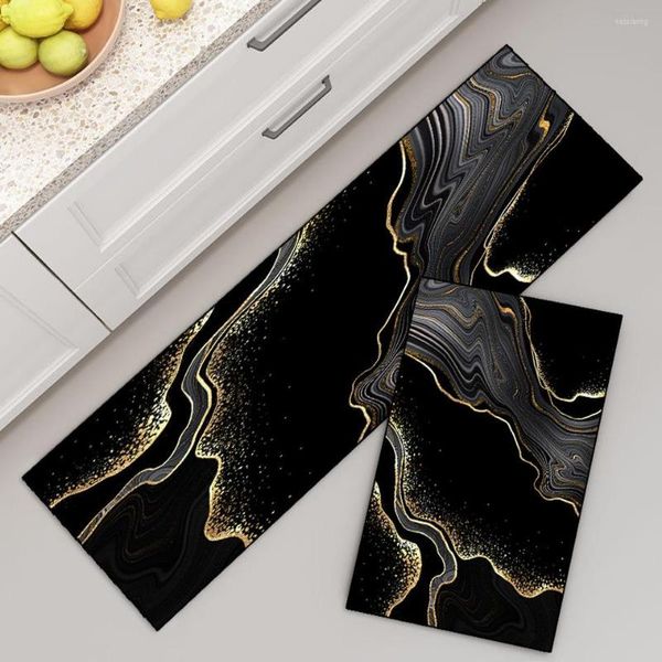 Alfombras de mármol para el suelo de la cocina, alfombra nórdica abstracta negra dorada para sala de estar, dormitorio, alfombrilla de noche, decoración de lujo para el hogar