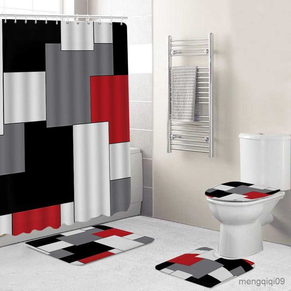 Tapis Moderne Salle De Bains Rideau De Douche Étanche Maison 3D Tapis Entrée Paillasson 4 Pcs Ensemble Siège De Toilette Couverture Tapis Bain Tapis De Sol Antidérapant R230802