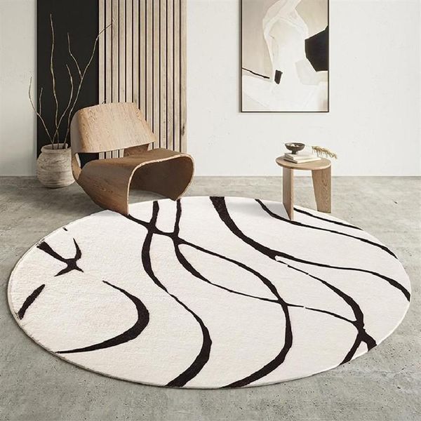 Tapis rond moderne pour salon, décoration géométrique, noir, blanc, doux, Shaggy, chambre à coucher, chaise moelleuse, Mat293w