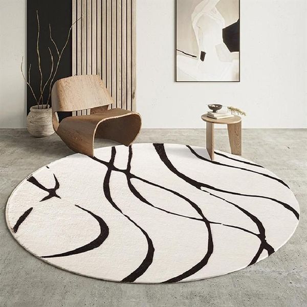 Tapis rond moderne pour salon, décoration géométrique, noir, blanc, doux, Shaggy, chambre à coucher, chaise moelleuse, Mat270q