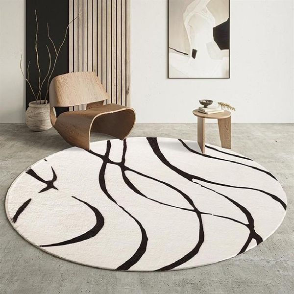 Tapis rond moderne pour salon, décoration géométrique, noir, blanc, doux, Shaggy, chambre à coucher, chaise moelleuse, Mat2839