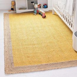 Tapis Tapis de jute jaune en fibre naturelle pour salon, bordure brune, fait à la main, rectangulaire, 150x240 cm, décoration de la maison