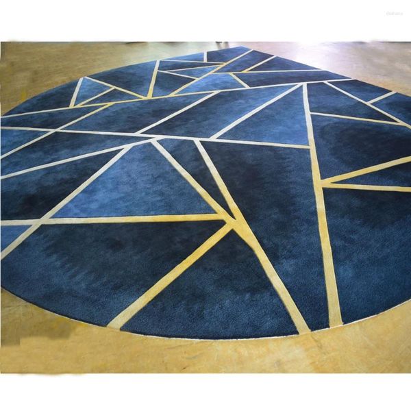 Tapis Tapis géométrique bleu marine avec ligne Glod Tapis touffeté à la main Luxe et tapis salons