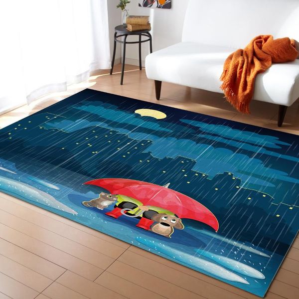 Tapis Nuit Ville Lune Pluie Dessin Animé Animal Parapluie Tapis Pour Salon Tapis Enfants Chambre Tapis De Sol Fenêtre De Chevet Décor À La MaisonTapis