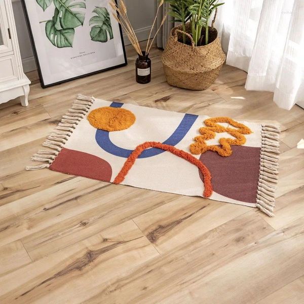 Carpets Nordic Hand Woven Cotton Linn Chatte de chambre à coucher Tapis imprimé Rapis avec tapis de porte couloir sans glissement de salle