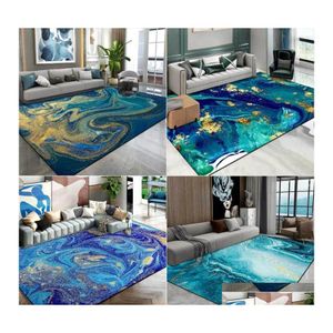 Tapijten Noordelijke luxe abstract woonkamer vloerkleed aquarel blauw groene oceaan vloeistof marmeren vergulde gouden tapijt slaapkamer beddruppel dhwln