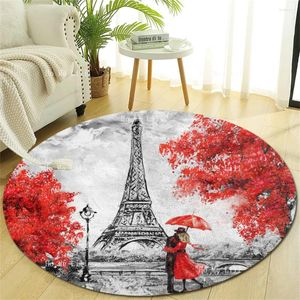 Carpets Paris European City Landscape Red Leaf Eiffel Tower Street Lamp coup couple sur le tapis rond blanc vintage noir