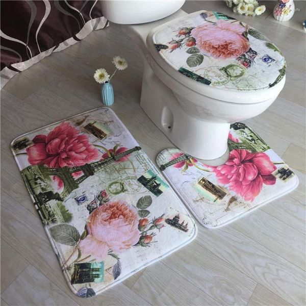 Tapis pivoine Floral Animal marin conque salle de bain salle de bain tapis de pied toilette piédestal tapis bain anti-dérapant tapis de sol ensemble