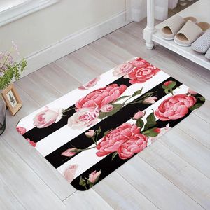 Tapis Pivoine Rose Fleur Rose Rayures Noires Et Blanches Cuisine Paillasson Chambre Bain Tapis De Sol Maison Porte Tapis Tapis Décor À La Maison