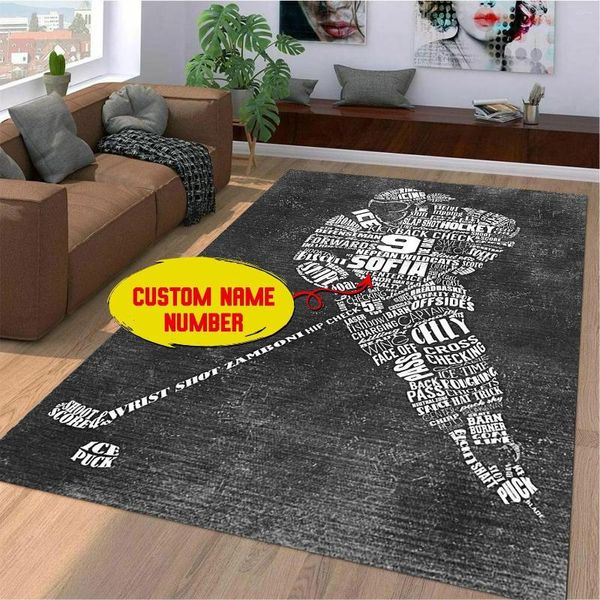 Tapis personnalisé imprimé sur toute la surface, rectangulaire, cadeau de Hockey, nom personnalisé, tapis de chambre 3D, tapis antidérapant de sol