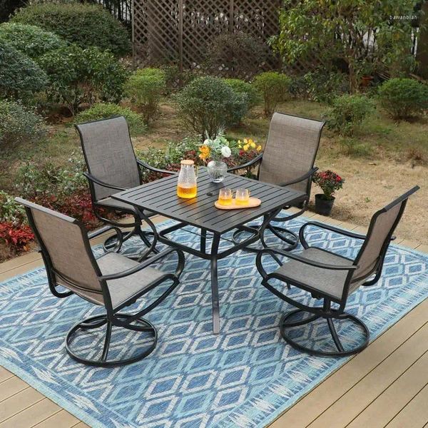 Piezas de alfombras Patio al aire libre Juego de comedor muebles de metal con mesa rectangular grande y sillas de texileno giratorias para 4 personas