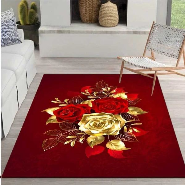 Alfombras Alfombra de impresión de rosas rojas para la decoración de la sala de estar Mesa de sofá Alfombras de área grande Dormitorio Mesita de noche Almohadilla para el pie Baño Alfombra antideslizante