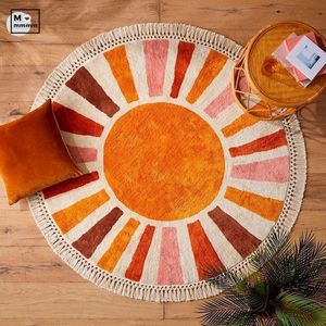 Alfombras Retro Sun Circle Dormitorio esponjoso al lado de la alfombra Alfombra redonda Tufting 3D Irregular Felpa Bedside Nursery Play Mats para niños 230825