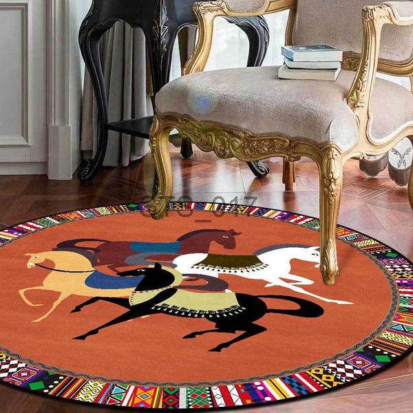 Tapis rond tapis cheval impression 3D tapis de salon de luxe cadre ethnique noir bleu orange chambre chevet canapé chaise tapis de sol antidérapant x0829