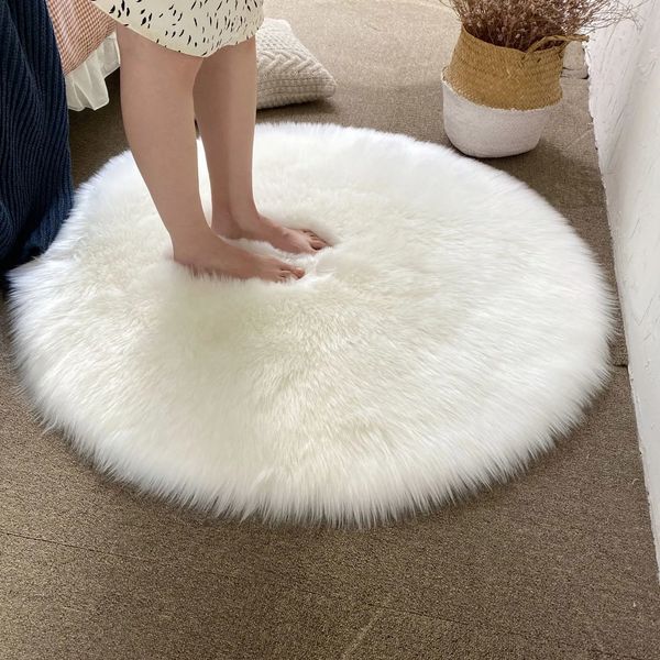Tapis rond doux fait à la main en peau de mouton fourrure arbre de noël tapis pour chambre salon sol Shaggy y peluche tapis blanc tapis de chevet 231006