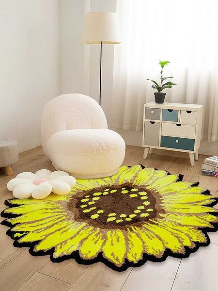 Tapis rond tournesol tapis toufuté art de la zone de fleur de fleur pour chambre à coucher la chambre à coucher jaune moderne