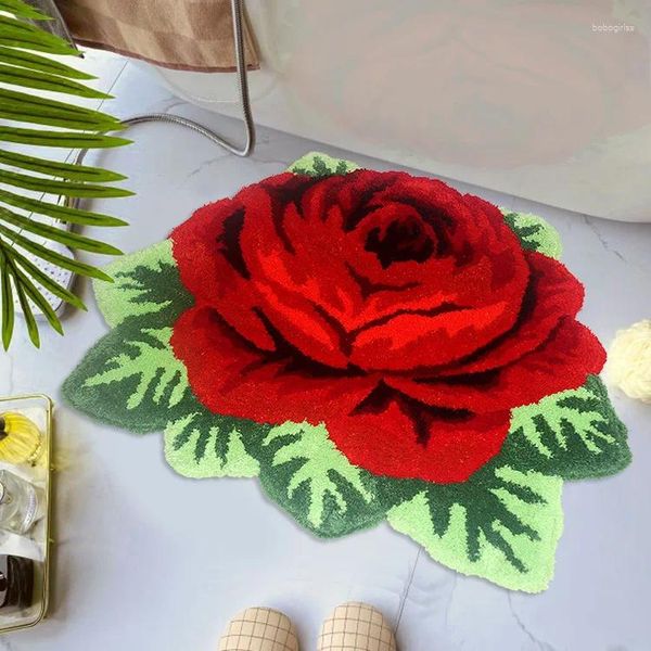 Tapis S 3D Tapis Rose Rouge Pour Salle De Bain Art Tapis Décor À La Maison Salon Tapis De Fleurs À La Main Tapis De Bain Anti-dérapant 80 60 cm