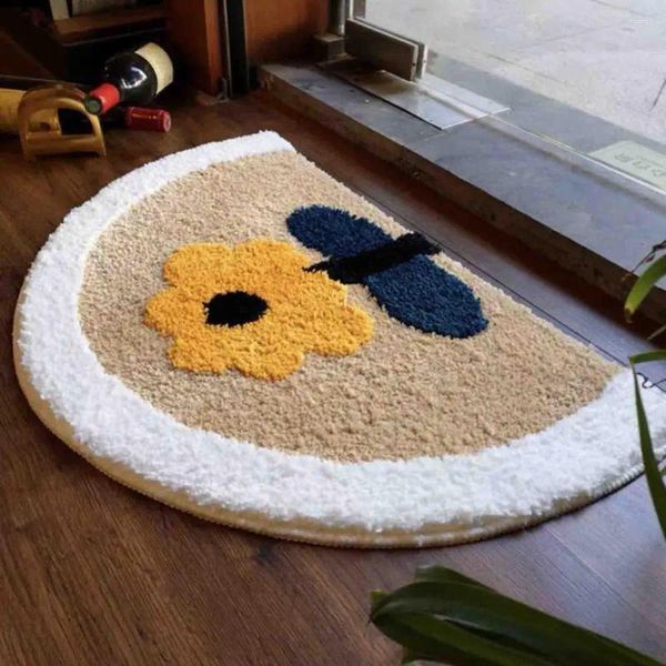 Alfombras Semicírculo Alfombra de piso Boho Flor Dibujos animados Panda Patrón Puerta Absorción de agua Alfombras de baño antideslizantes para ducha Cocina