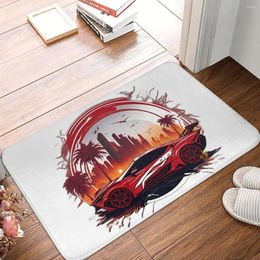 Alfombras Sport Bedroom Mat Red Sports Car on the Sunset con Background Back Fondo de la ciudad Roormat de la sala de estar Decoración de alfombras