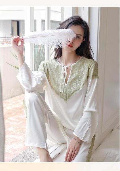 Tapis printemps vert femmes pyjamas ensemble élégant blanc dentelle vêtements de nuit décontracté Satin à manches longues pantalon maison IAMQ_Qwency