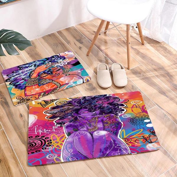 Carpets Street Artist African Girl Art Floor Door Mat pour le couloir Chambre Décor non glissé Cartonnière Black Femmes Porte-Flanelle Tapis de tapis