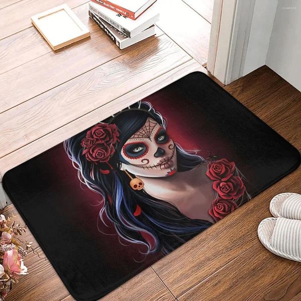 Tapis Tatouages Art Paillasson Antidérapant Crâne De Sucre Fille Florale Jour Des Morts Dia De Los Muertos Salon Tapis De Cuisine Décor Moderne