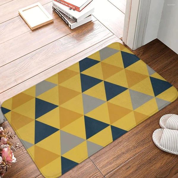 Carpets triangulaires moutarde foncé jaune clair bleu marine et gris.Cuisine de tapis de paillasson à motif géométrique minimaliste