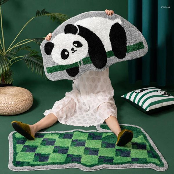 Alfombras Tufting Panda Alfombra de baño Alfombra de baño suave Rejillas verdes Acogedor dormitorio Alfombra Alfombra esponjosa Almohadilla de piso Estética Oficina en el hogar Decoración de la habitación