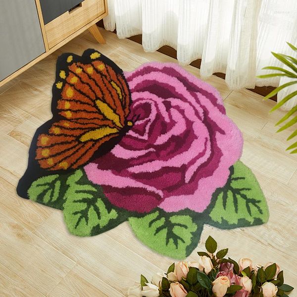 Alfombras Tufting Pink Rose Flower Alfombrillas de baño Suave antideslizante Alfombra de baño Bañera Alfombra lateral Silla Almohadilla de pie Decoración estética para el hogar Regalos para amantes