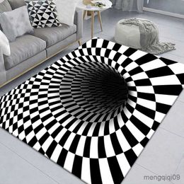 Tapis Vortex Illusion Tapis 3D Piège Effet Trou Sans Fond Tapis Géométrique Noir Blanc Grille Chambre Salon Antidérapant Tapis De Sol R230801