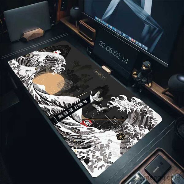 Tapis Waves Mousepad Fish Mouse Pad Gaming Mat 900x400mm Blanc Antidérapant Grande Taille Tapis Caoutchouc Carpert Computer Mousepads Gamer Rug R230726