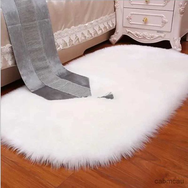 Tapis en laine blanche, moelleux et doux, pour chambre à coucher, salon, en fourrure, ovale, grande taille, en peau de mouton synthétique