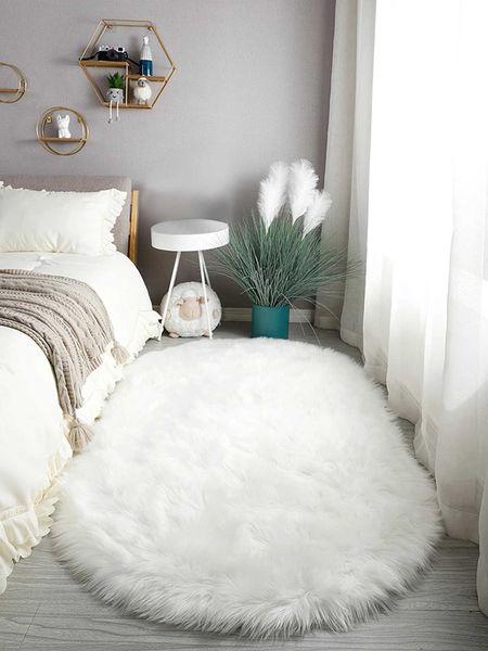 Tapis Coussin de sol en peluche semblable à la laine, ovale blanc, imperméable, antidérapant, pour chambre à coucher, salon, coussin de pied de canapé