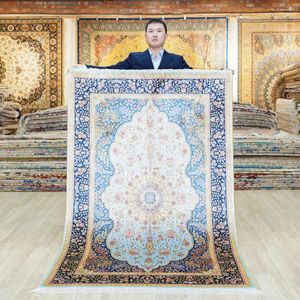 Tapijten Yilong 4'x6 'Handgemaakte Perzische blauwe tapijten Turks Medallion Silk Tapijt (ZQG472A)