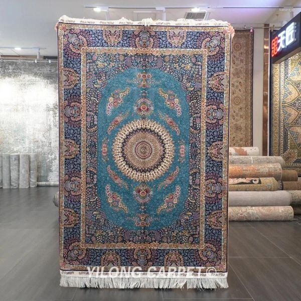 Alfombras yilong 4'x6 'alfombras azules persa hechas a mano alfombra de seda de medallón oriental turco (ZQG542A)